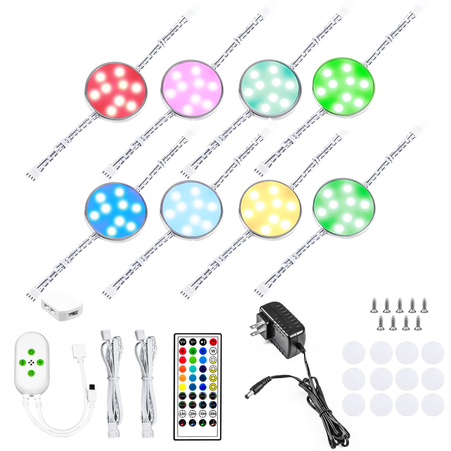 ANTOTOEN RGB Under Cabinet Lighting Kit, Color Changing LED Puck Light Wired Timing Function with Dimmable Remote Control for Kitchen Counter Furniture,Showcase,Closet (8 x Puck Light)