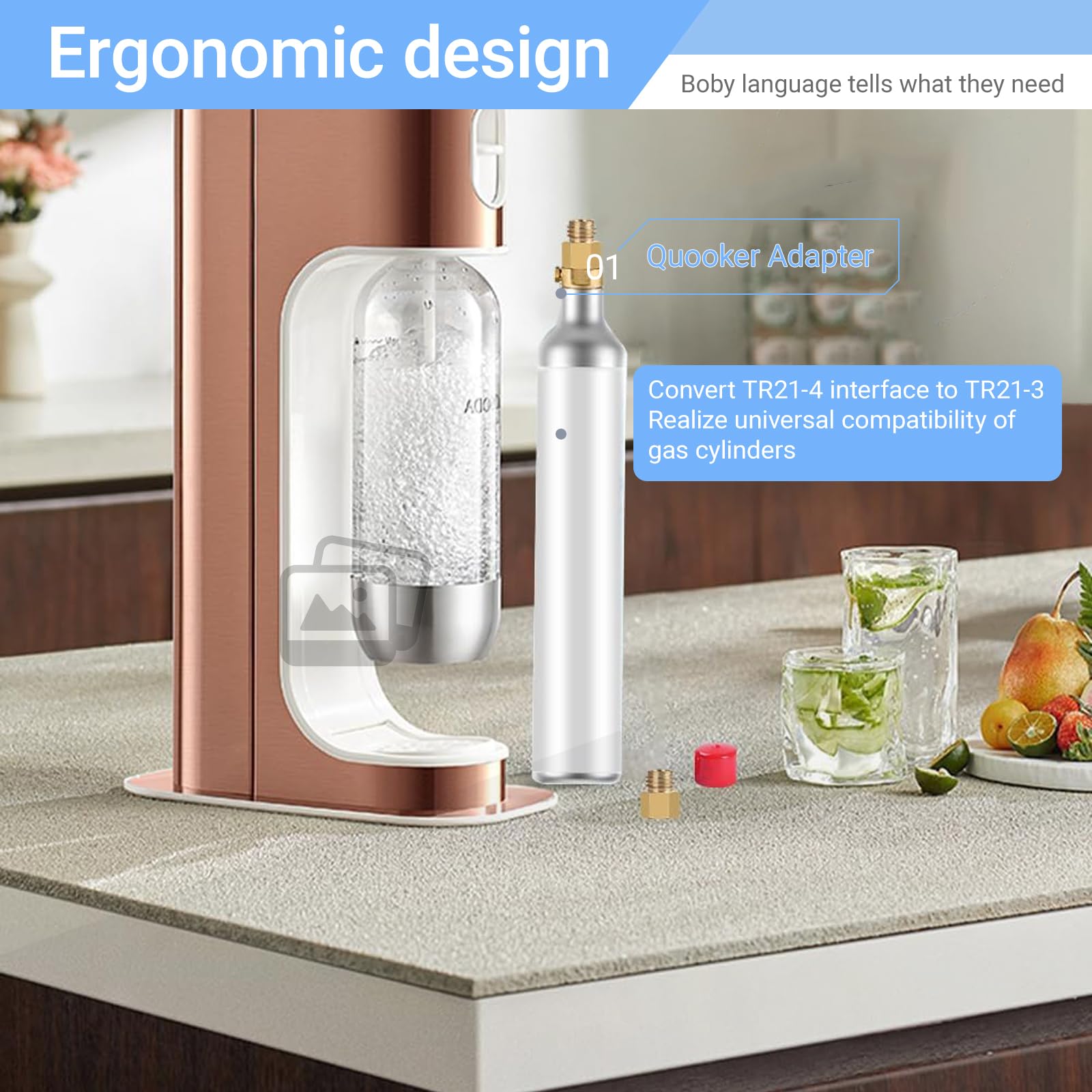 Quooker CO2 Adapter, TR21-4 auf TR21-3 Adapter für Quooker Cube Tank, Kompatibel mit Sprudelux CO2 Flasche, Aus Messing (1 Stück)