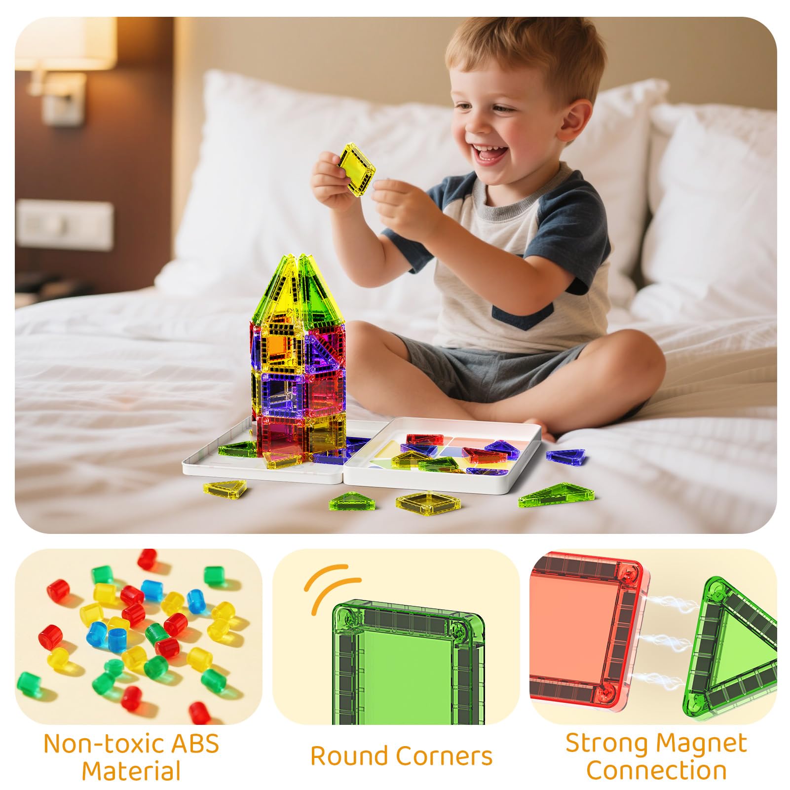 Magnetic Tiles Construction Set 42pcs Travel Toys for Kids Portable MINI Magnet Building Blocks Toy On-The-Go Fun Magnet STEM Montessori Toy Gift for 3+ Years Toddlers (40pcs Magnetic Tiles) - Image 4