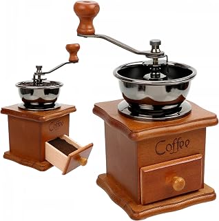 Retoo Moulin à café manuel vintage en bois vieilli avec réglage de l'engrenage réglable pour, avec manivelle, tiroir en bois la maison le bureau et les voyages Moulin àcafé au design antique