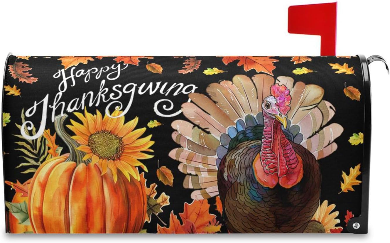 Wamika Thanksgiving Day Sunflower Turkey Pumpkin Mailbox Cover Magnetic Standard Size,Autumn Give Thanks Letter Post Box Cover Wrap Decoration Welcome Home Garden Outdoor 21" Lx 18" W