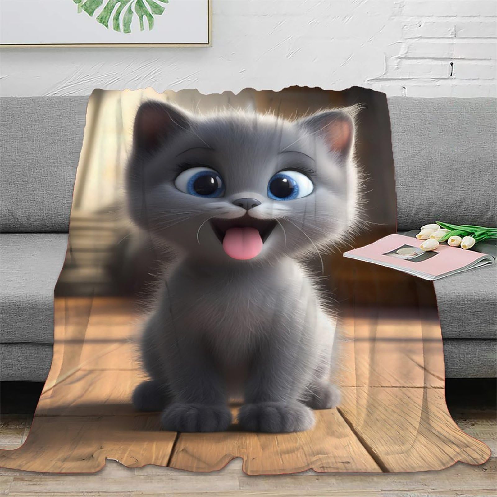 Couverture chat mignon en microfibre 3D 150x200cm pour jeté de canapé