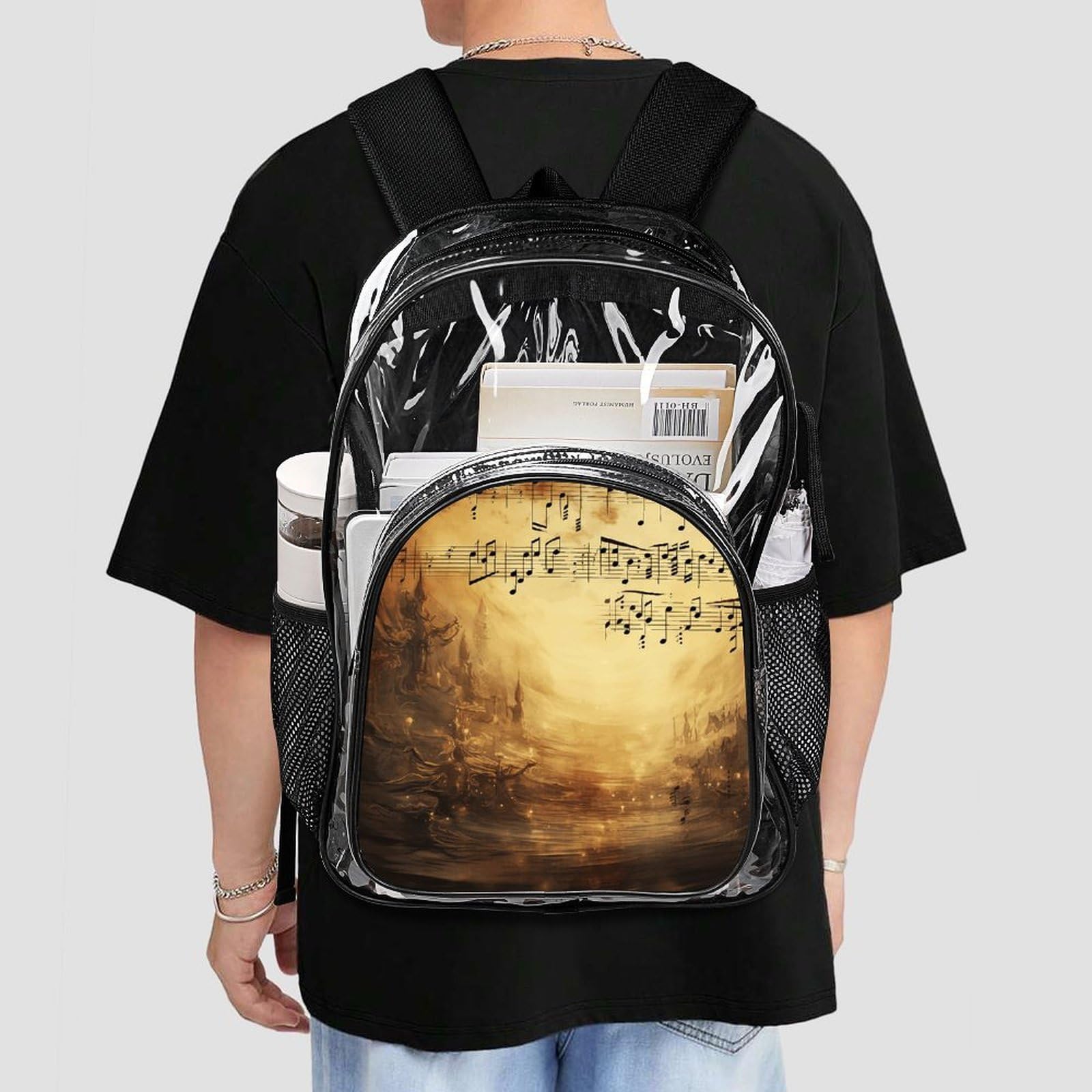 Transparenter Rucksack mit Notenblättern, groß, transparent, PVC, Büchertasche für Sicherheit, Arbeit, Reisen, Stadion