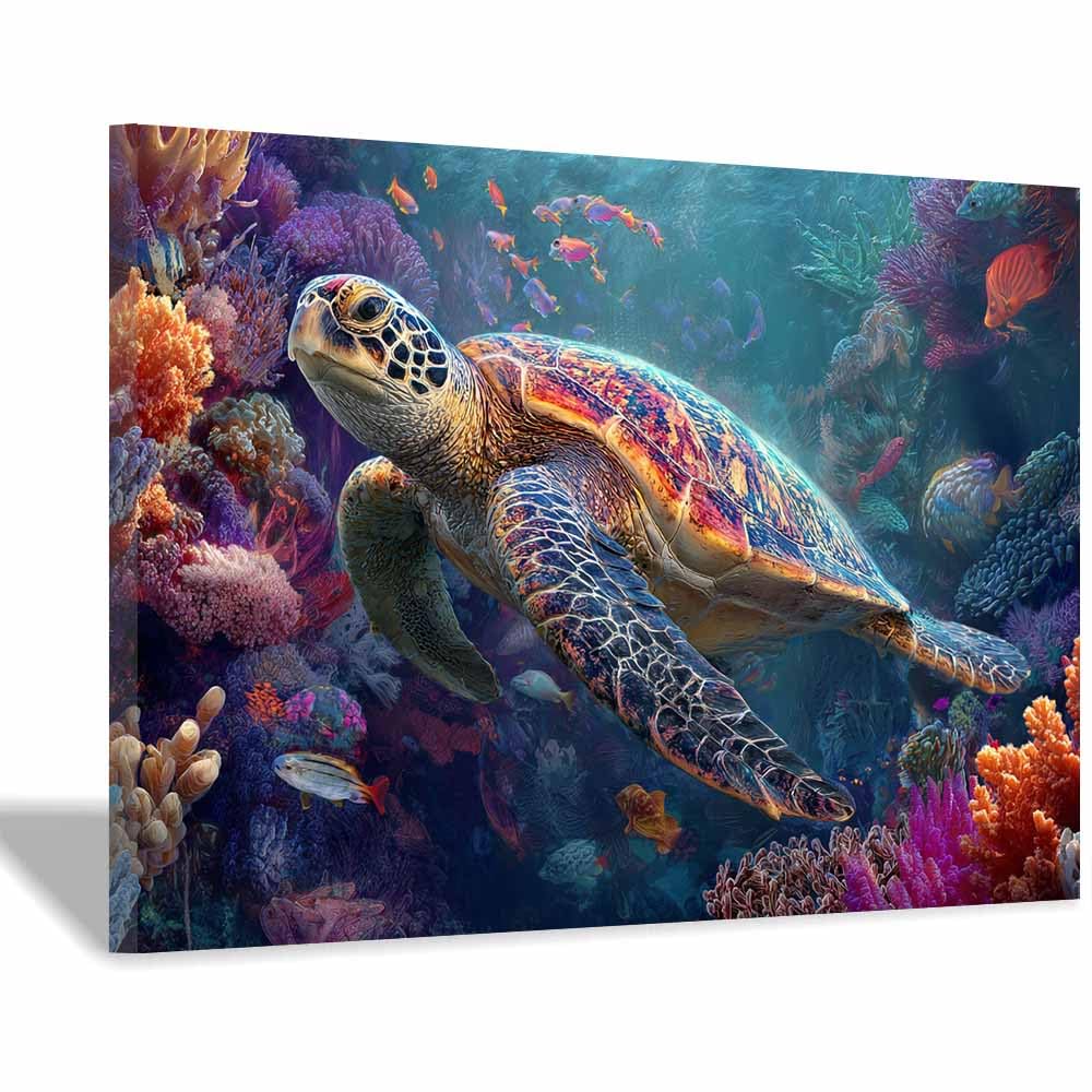 HUYEEI Canvas Wall Art Beachs Turtles plays among reefs marine animals Seascape Vintage Artwork for Seaside Livings Room Bedroom Bathroom Decor(blue)-60x80cm Framed