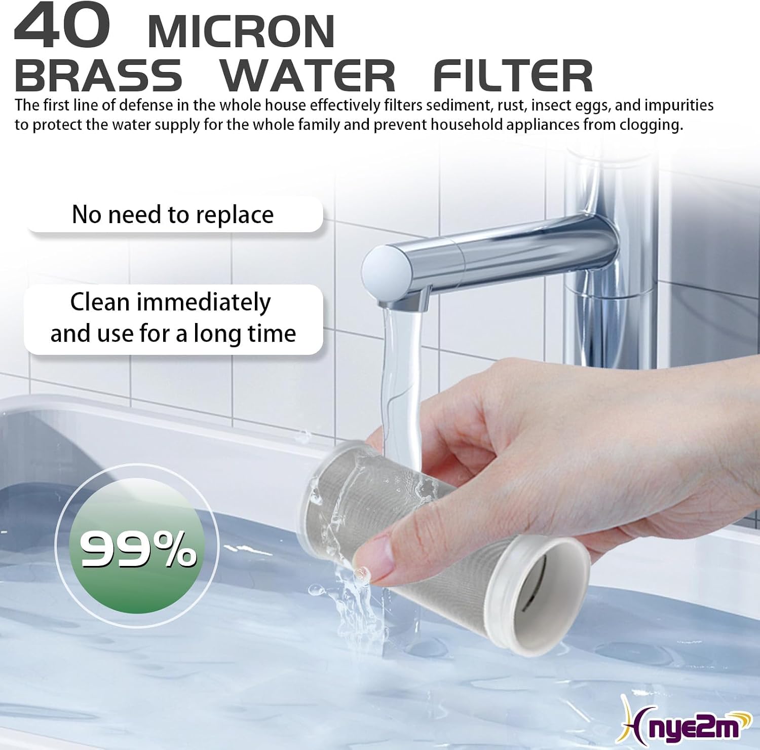 HMYEMP Reusable Brass Inline Water Filter, 40 Micron Sediment Filter for Washing Machine, RV & Heater, 3/4" GHT & 1/2" NPT, Lead-Free & BPA-Free