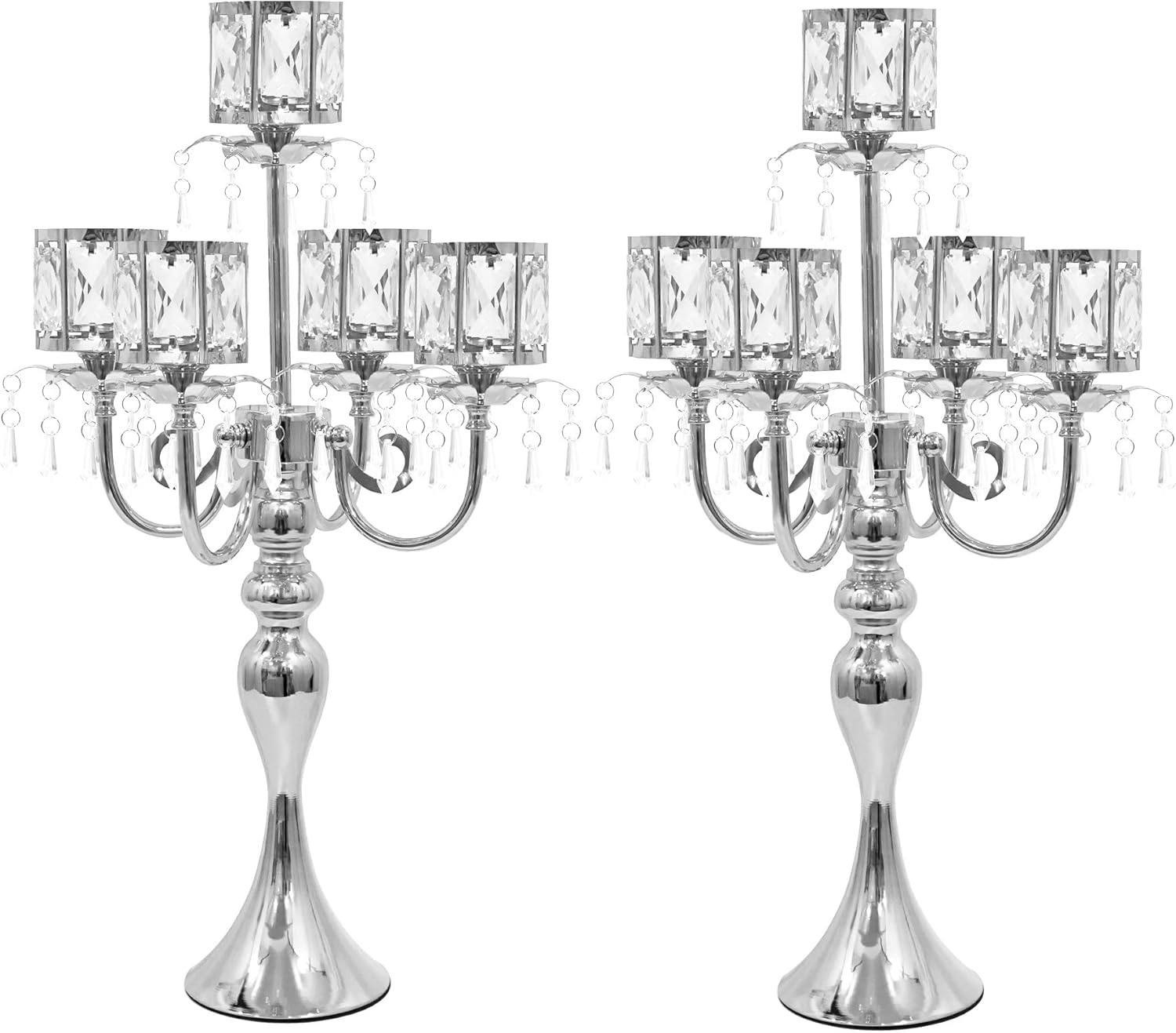 トールフロアキャンドルホルダー - ウェディングセンターピースデコレーション用ゴールド燭台2個、メタル5アームキャンドルスティック、