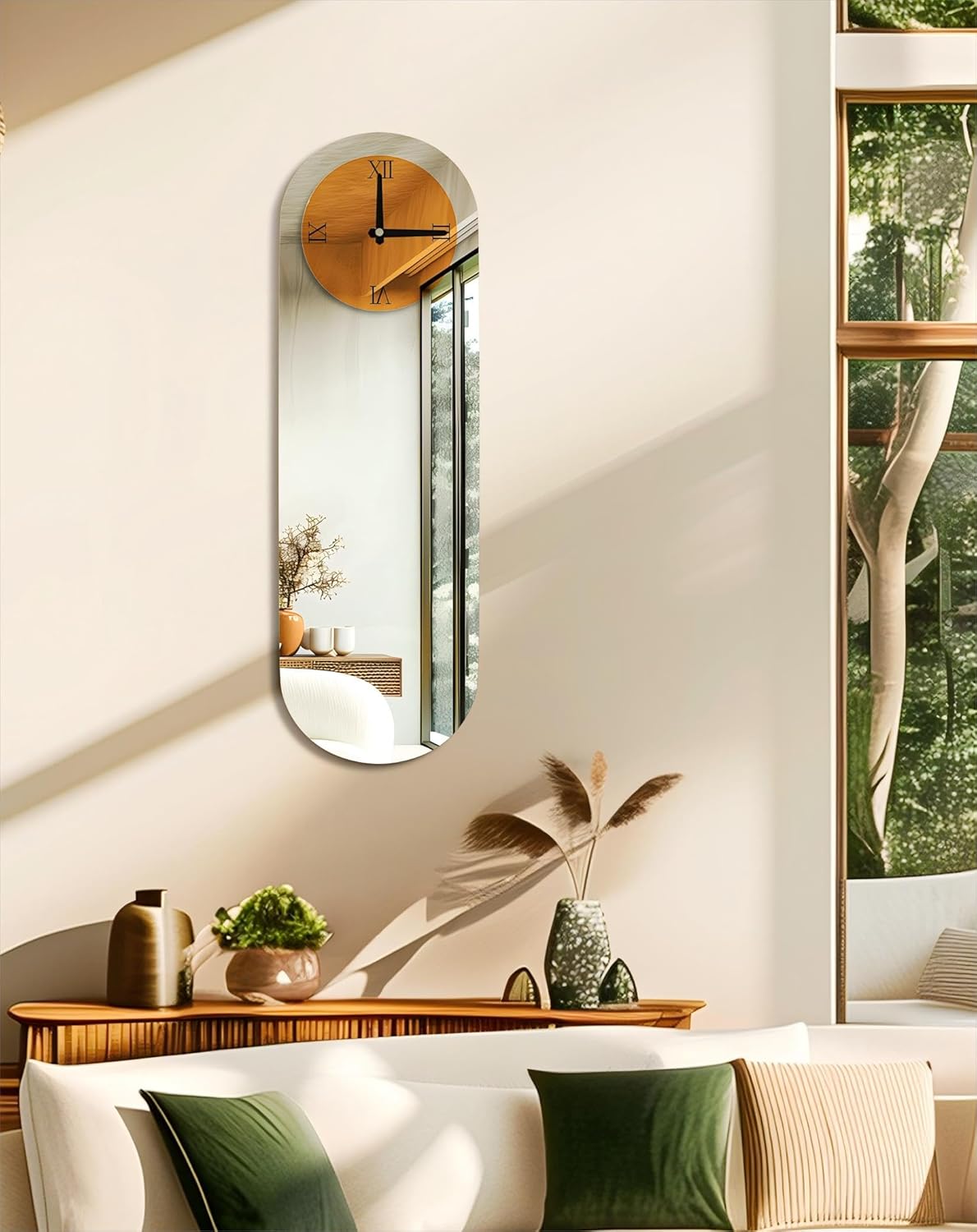 Art Deco Wall Clock: 39.3x12.6 inch Oval Decorative Mirrored Clock with Brown and Silver Glass Mirror Beveled Edge Frame, Luxury Modern Home Decoration for Livingroom Entryway