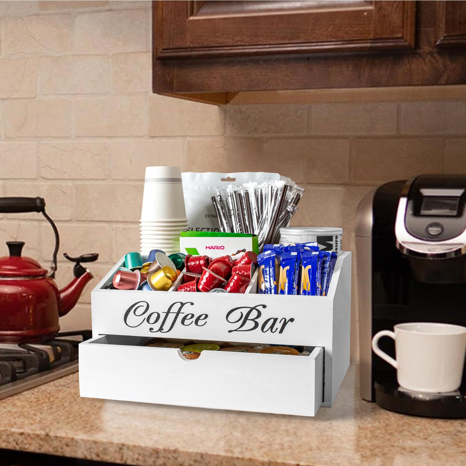 Organizador de Café y Té-Caja de Madera para Accesorios de Cafetera-Infusiones -Bandeja de Madera 1 Cajón para Infusiones, Azucarillos, Tazas, Cápsulas, Blanco