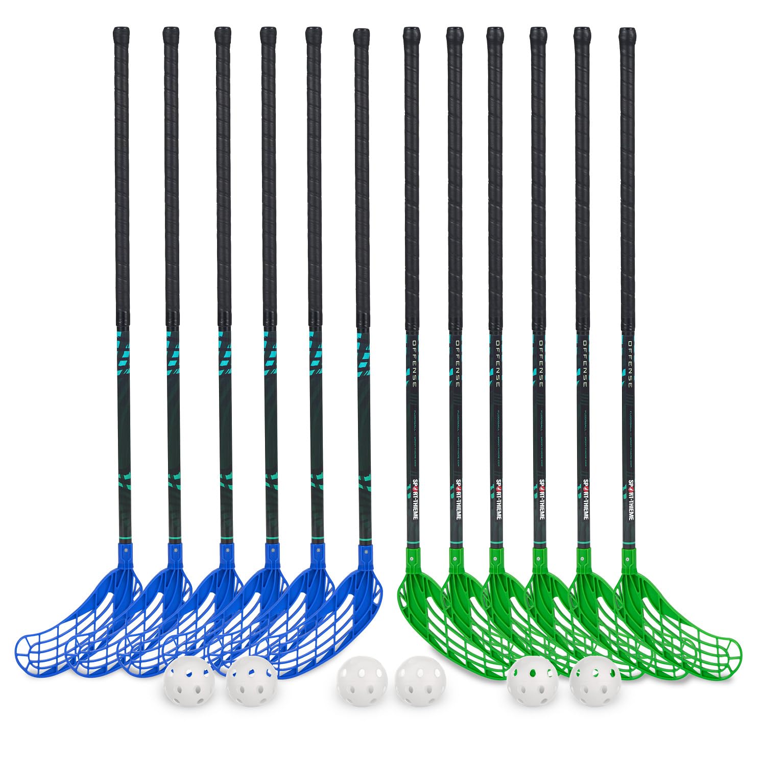 Sport-Thieme Floorballschläger Set Offense | 12 Schläger & 6 Bälle | Universal-Kelle | Schaftlänge 87 cm | Perfekte Ballkontrolle | Polycarbonat | 2,2 cm Schaftdurchmesser