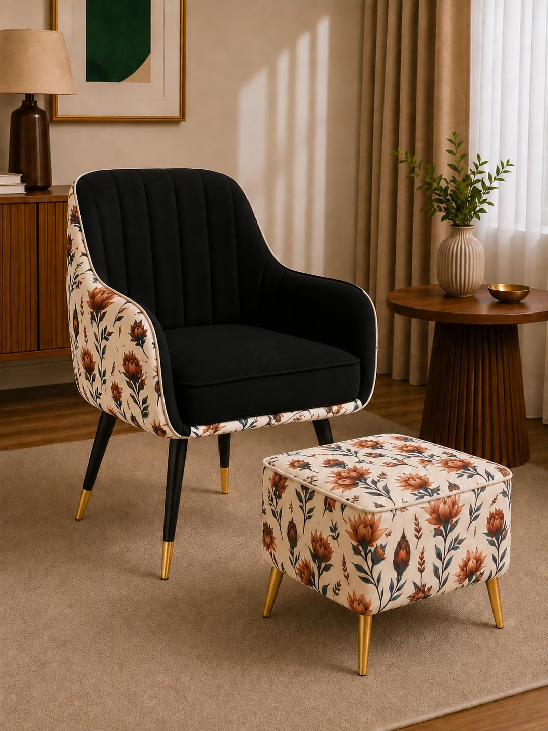 Designer Accent Chair with Floral Printed Back & Footstool | Velvet Lounge Chair for Living Room, Makeup Vanity & Bedroom. (Black Floral Set)-image-48