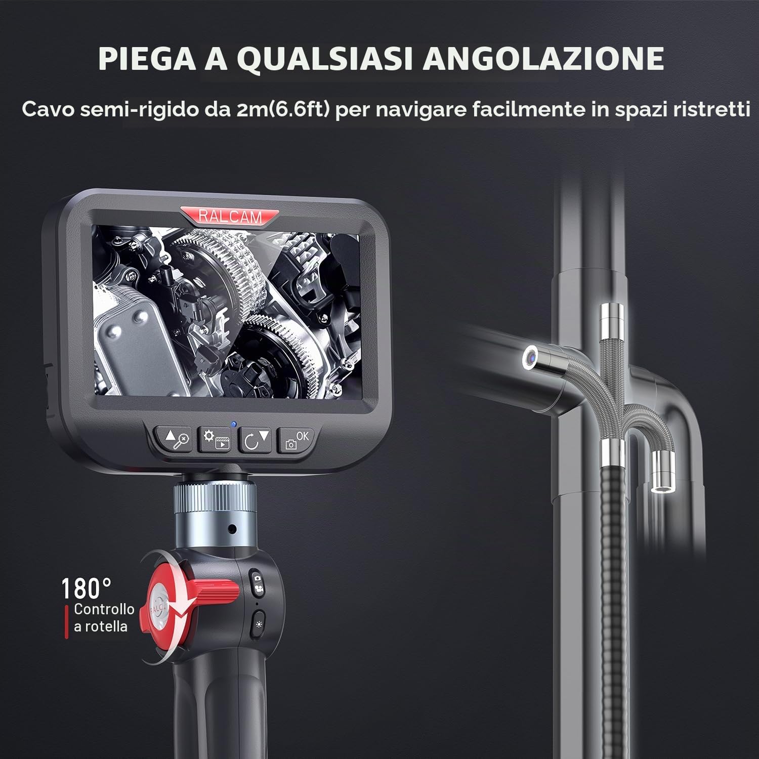 Ralcam Telecamera Endoscopica Endoscopio Industriale - 4,3 Pollici 1080P HD Schermo LCD Sonda Telecamera 8,5mm IP67 Impermeabile Boroscopio Snake a 180° a due vie, 10 LED 2M Cavo Semirigido