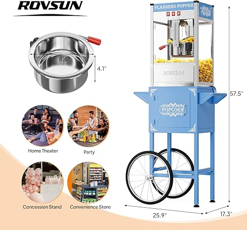 Miniatura 7 de ROVSUN Máquina de palomitas de maíz con carrito, ruedas y hervidor de 10 onzas que hace hasta 4 galones certificado ETL, máquina de palomitas de
