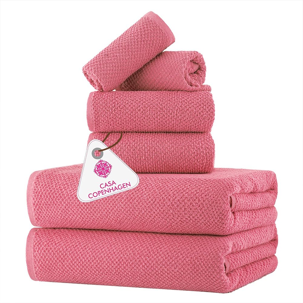 CASA COPENHAGEN Popcorn Textured 6 Pieces Towel Set- Pink, 550 GSM 2 Bath Towel 2 Hand Towel 2 Washcloth, Rough & Tough Use Cotton Towels Gift Set for Bathroom