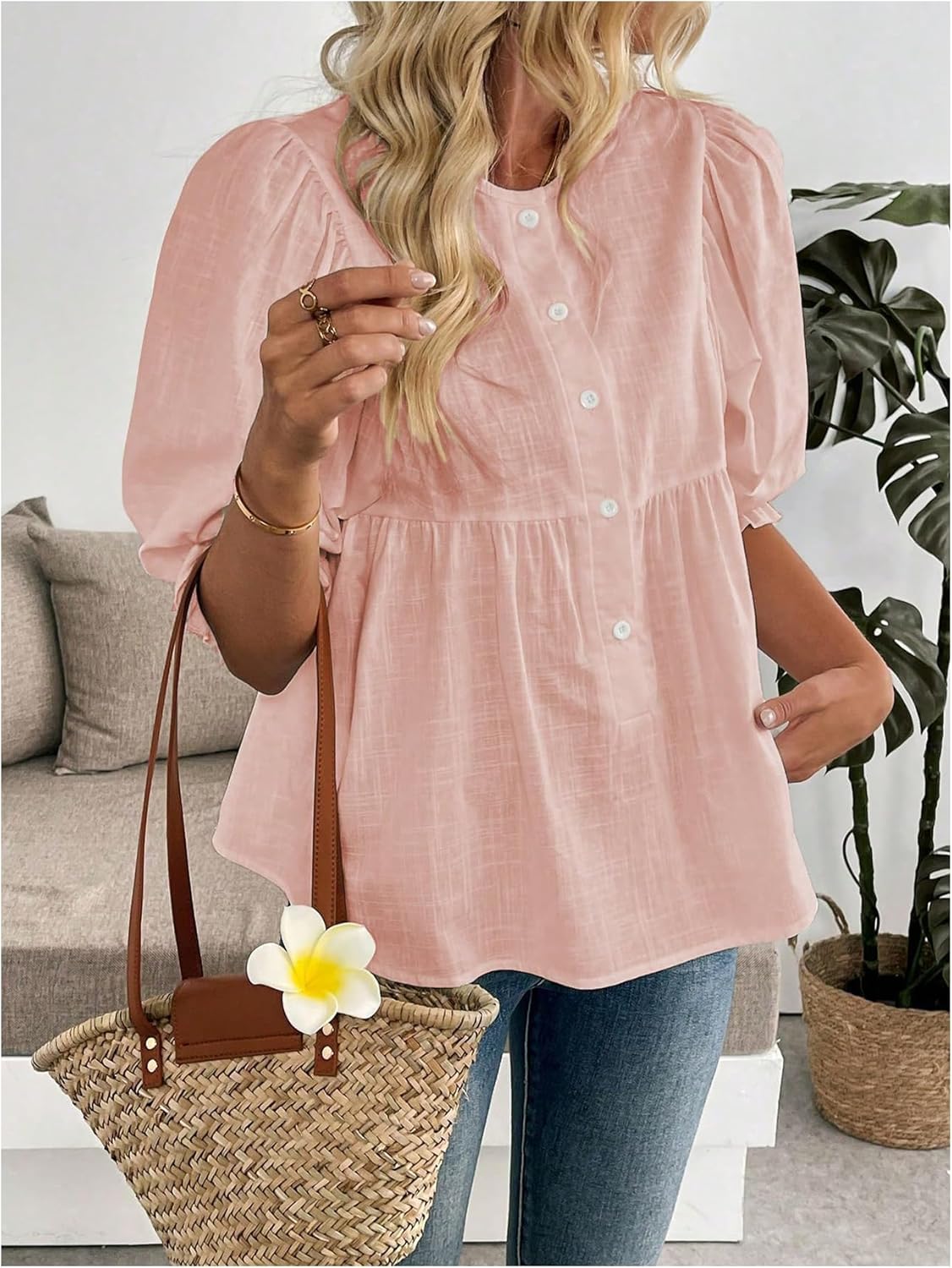 SweatyRocks Women's Puff Sleeve Babydoll Blouse Half Button Peplum Tops Dressy Casual Shirts - Image 3