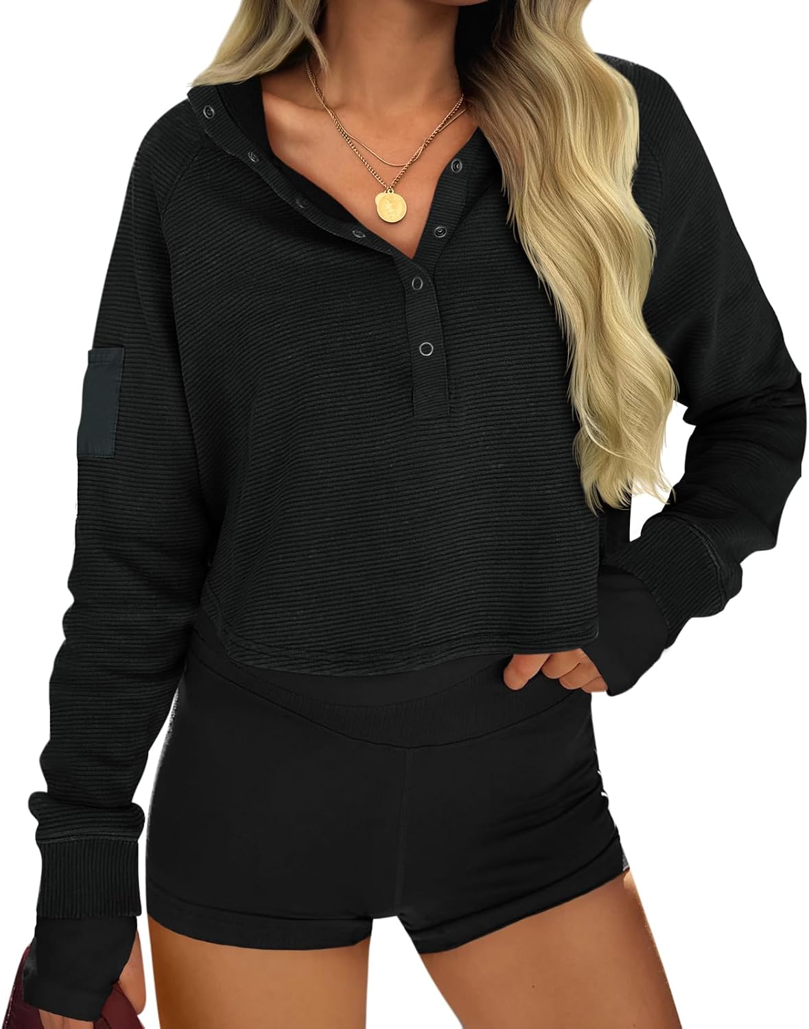 Fisoew Womens Cropped Sweatshirts Casual Henley Neck Snap Button Long Sleeve Ribbed Loose Fit Fall Crop Tops