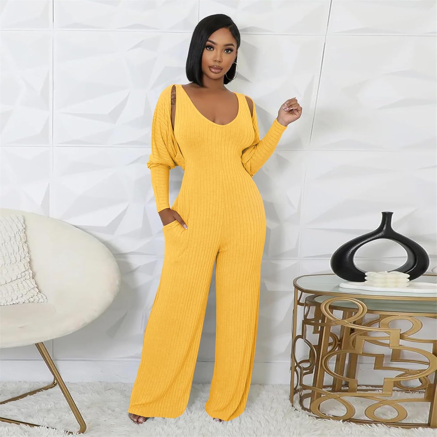Women's Casual 2 Piece Outfits Ribbed Knitted Batwing Long Sleeve Cardigan Tank Wide Leg Jumpsuits Sets With Pocket - Image 6