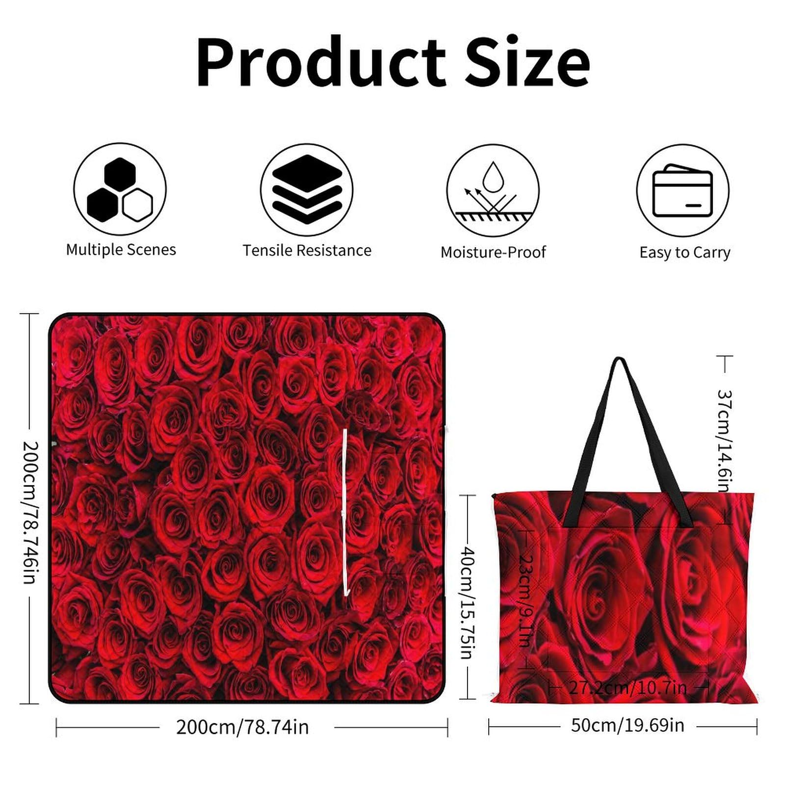 Belle couverture de pique-nique motif rose romantique avec sangle de transport pliable imperméable tapis de sable pour camping en plein air tapis de plage d'été 200 x 200 cm