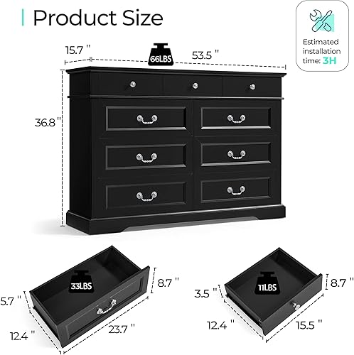 Miniatura 2 de LINSY HOME Cómoda de estilo granja para dormitorio, cómoda de 9 cajones con asas antiguas, cómoda de madera para guardería, sala de estar, entrada