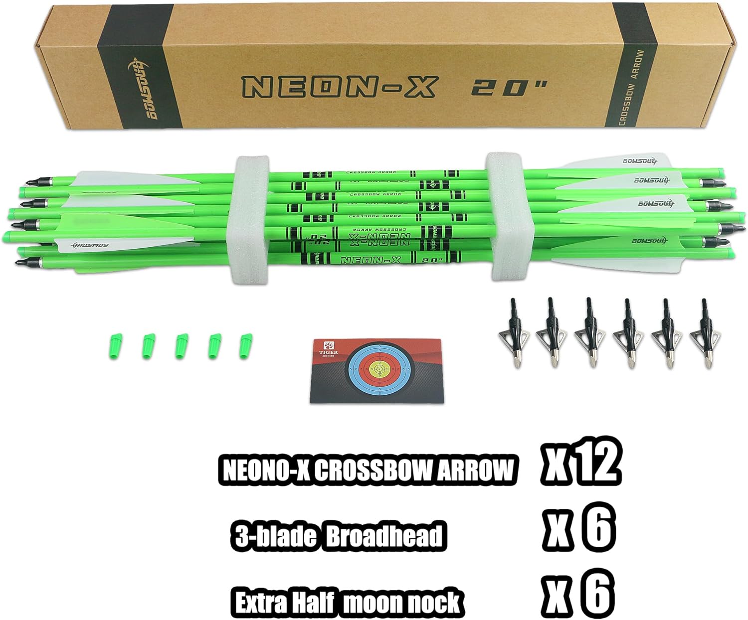 Crossbow Bolts 20inch Fluorescence Color Carbon Crossbow Hunting Arrows with 4" Vanes and Replaced Arrowhead(12 Pack)