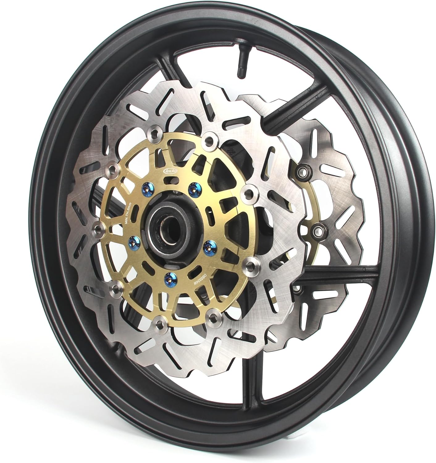 Matte Black Front Wheel Rim and Brake Discs Rotors Compatible with Kawasaki Ninja ZX6R 2005-2012, ZX10R 2006-2007, Z750 2007-2013, Motorcycle Replacement Accessories Parts