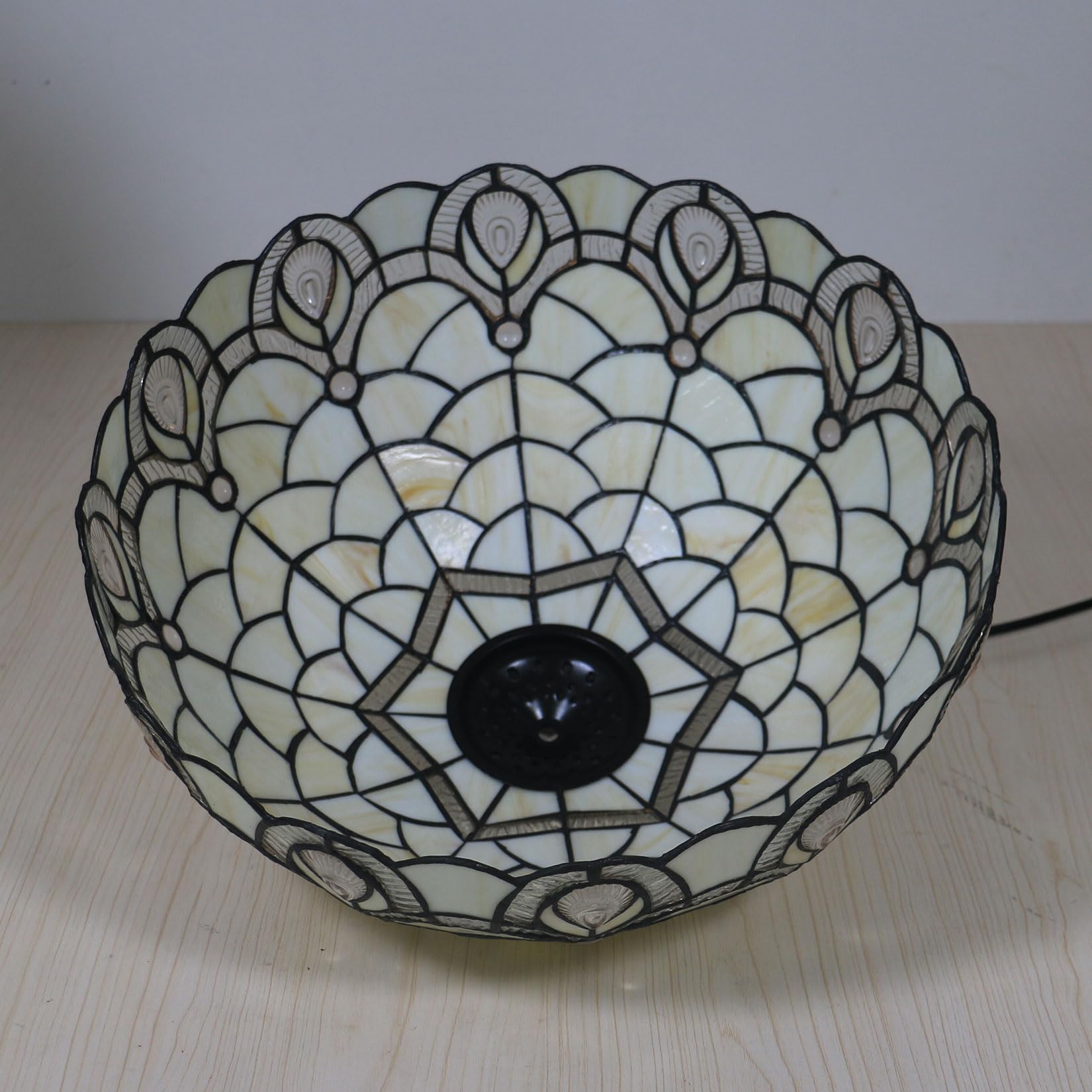 SaryEdge Tiffany Table Lamp Shade Replacement Only 16X8 Inch Stained Glass Beige Peacock Lampshades, For Floor Lamp Desk Lamp Pendant lamp Ceiling Light Bedside Reading Lamp，，
