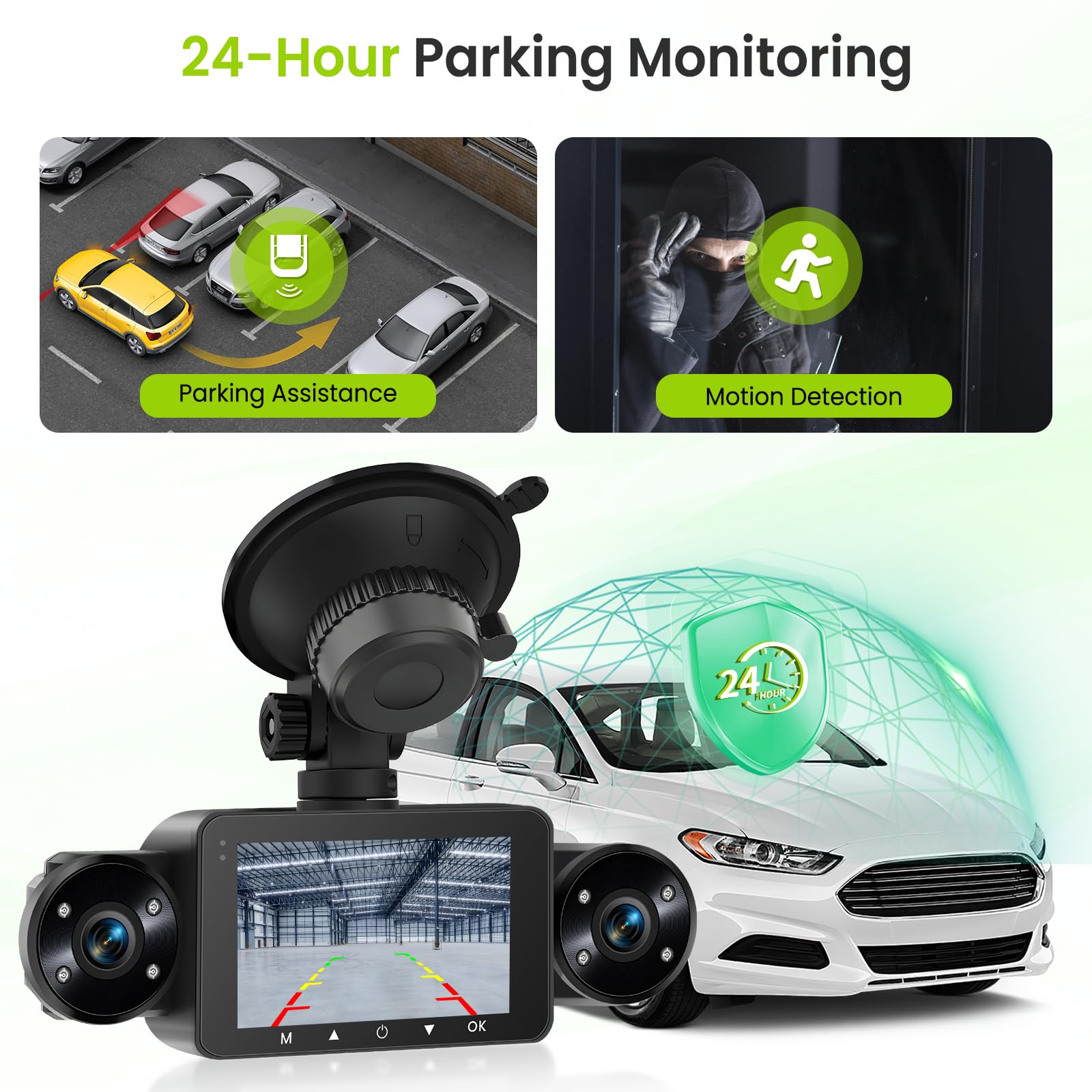 Hodozzy 4 Canales Dashcam, 1080P 360° Cámara de Coche Delantera y Trasera Interior con Grabación en Bucle, Visión Nocturna, Sensor G, Modo Aparcamiento, Compensación de Exposición TF y Dsah Cámara