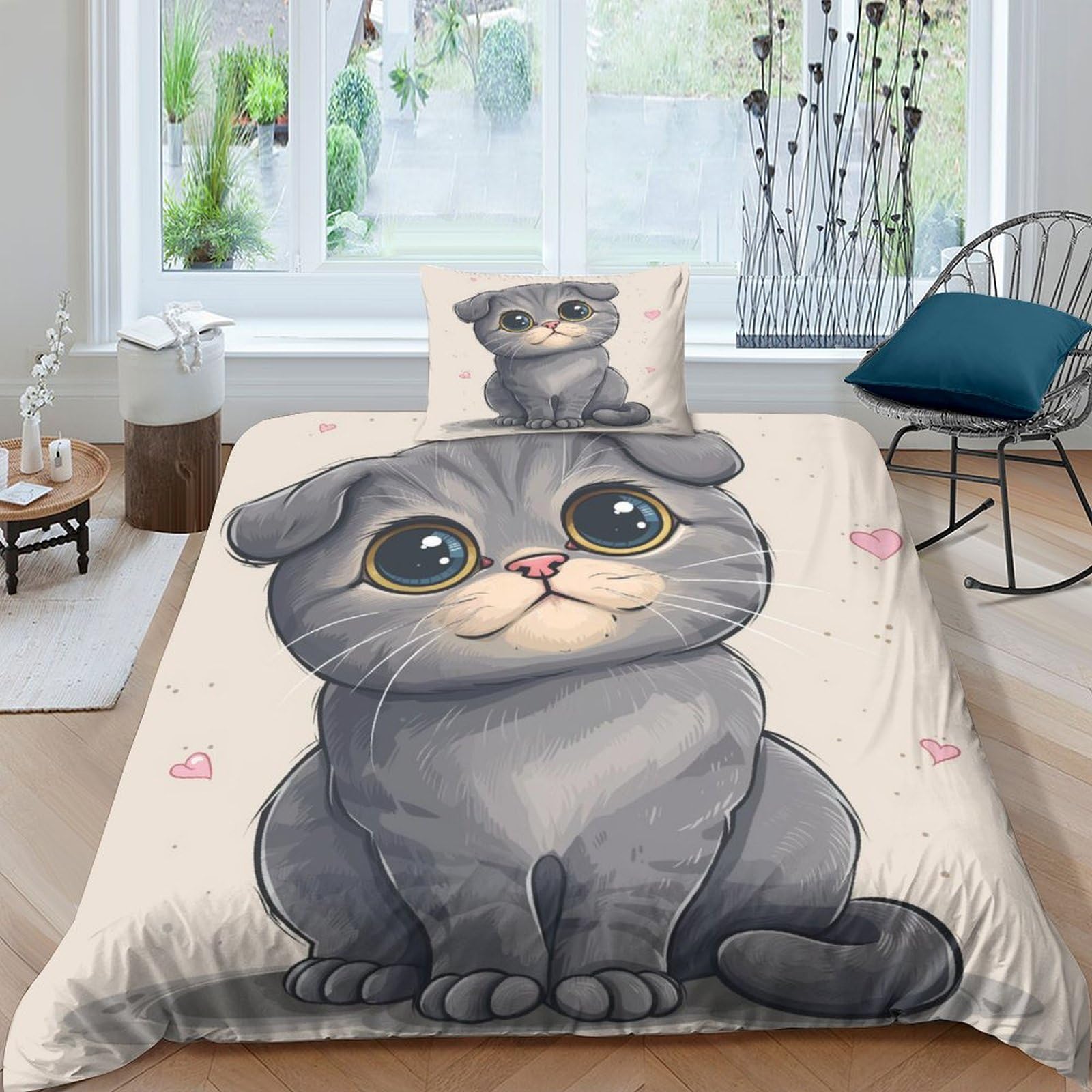 Housse de couette hypoallergénique ultra douce en microfibre avec fermeture éclair motif chat