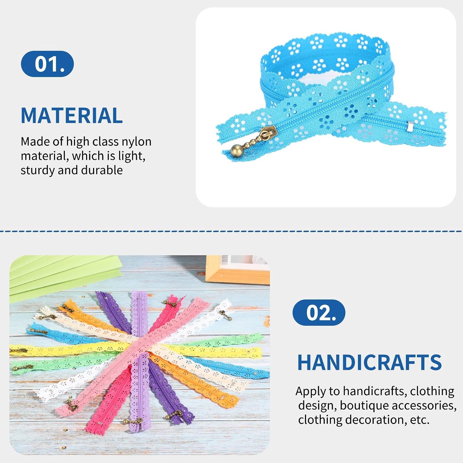 10PCS 30cm Zippers for Sewing, Crochet Zipper with Holes Decorative Zippers Nylon Coil Zipper Repair Kit for Sewing Dress Tailor Craft Bed Bag