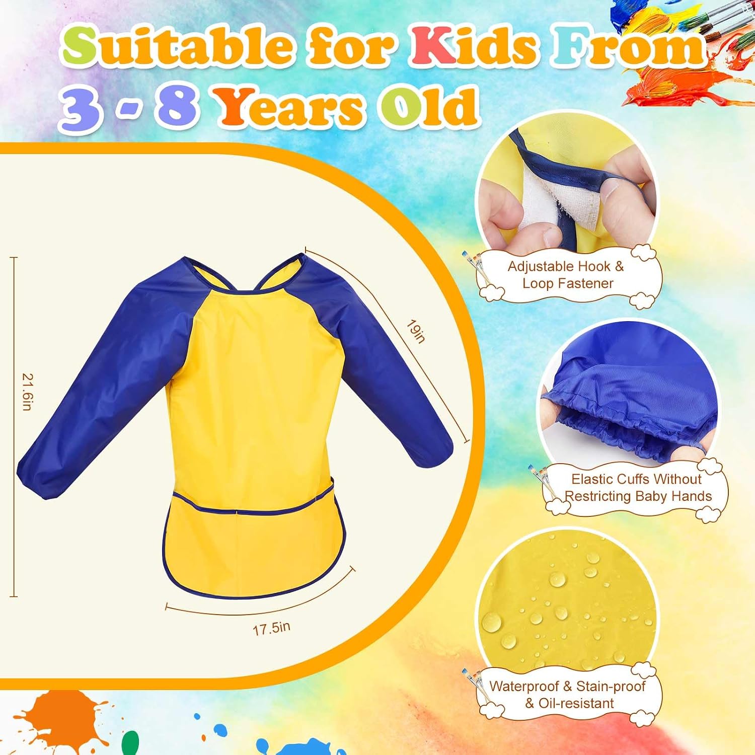 Kids Toddlers Art Smock 2 Pack, Waterproof Child Painting Apron with Long Sleeve & Pockets, Children Artist Smock for Kids Age 2-8 Painting, Crafting, Cooking image 3