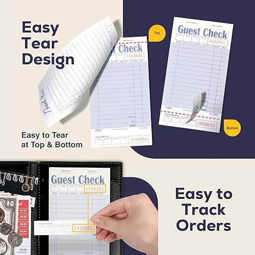 Miniatura 4 de FMP Brands Libros de cheques de invitados para servidores, papel de bloc de notas de servidor, total de 500 hojas (10 blocs), azul con recibo