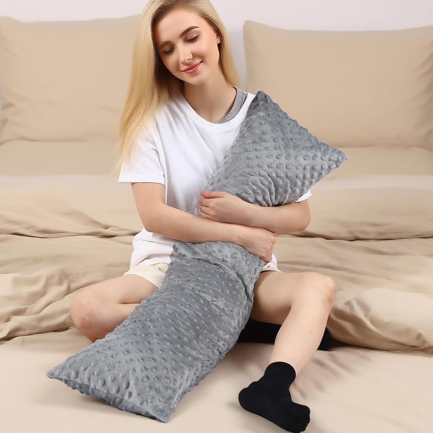 6 Lbs Weighted Body Pillow with Raised Dot Cover Sensory Heavy Soft Cooling Hug Full Long Side Sleeper Body Pillow with Glass Bead Filled for Deeper Sleep Comfort Relaxation (41" x 10")