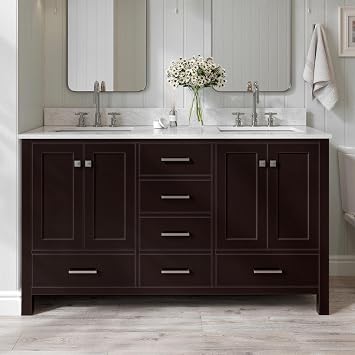 ARIEL Cambridge 60-inch Bathroom Vanity with Sink,Solid Wood, 0.75-inch Italian Carrara Marble Countertop, Double Rectangular Porcelain Sink, 4 Soft Closing Doors, 6 Dovetail Drawers, Espresso
