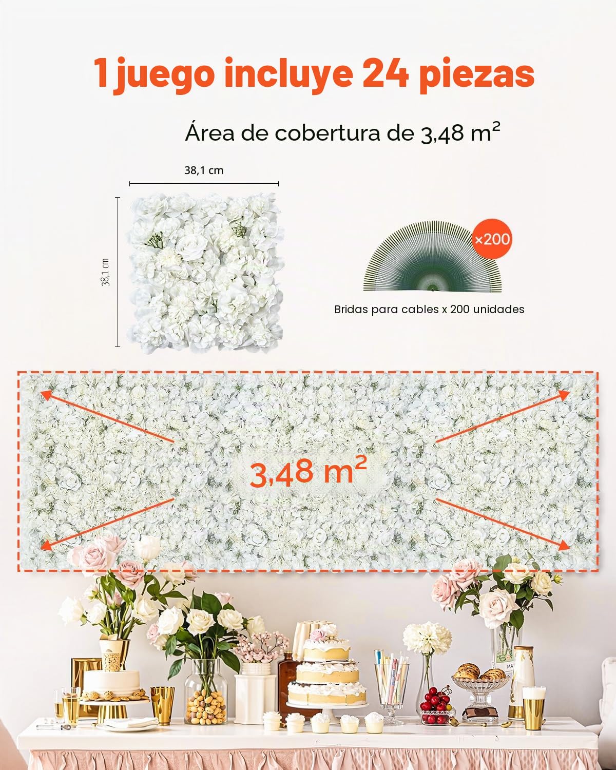 VEVOR Panel 3D de Flores Artificial para Pared 24 Piezas 38 x 38 cm Fondo de Pared con Flores Artificiales sin Costuras Instalación Fácil para Bodas, Hogar, Jardín, Fiestas, Decoración, Blanco