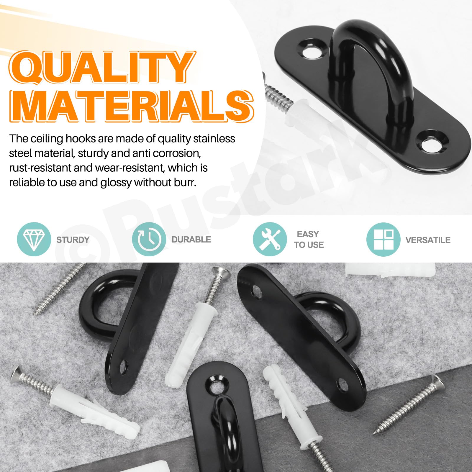 Rustark 4Pcs M8 304 Stainless Steel Oval Pad Eye Plate Hook Assortment Kit Black Pad Eyes Plate Marine Hardware Hook with Screw Heavy Duty Ceiling Hooks for Swing Hanging Outdoor and Indoor Activity - Image 3
