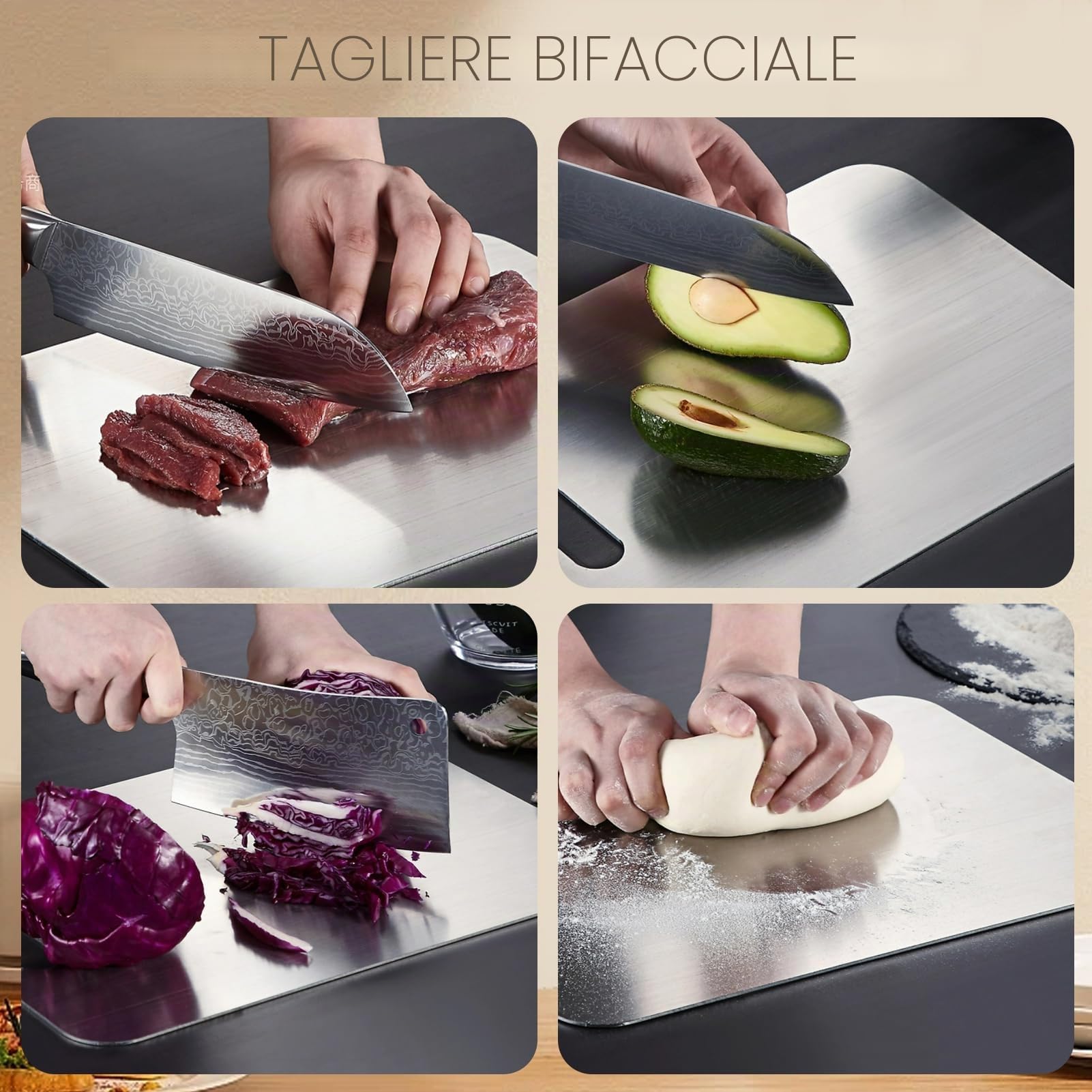 Set di tre taglieri bifacciali, in acciaio inox, tagliere in acciaio inox 304 per verdure, carne e frutta (L)
