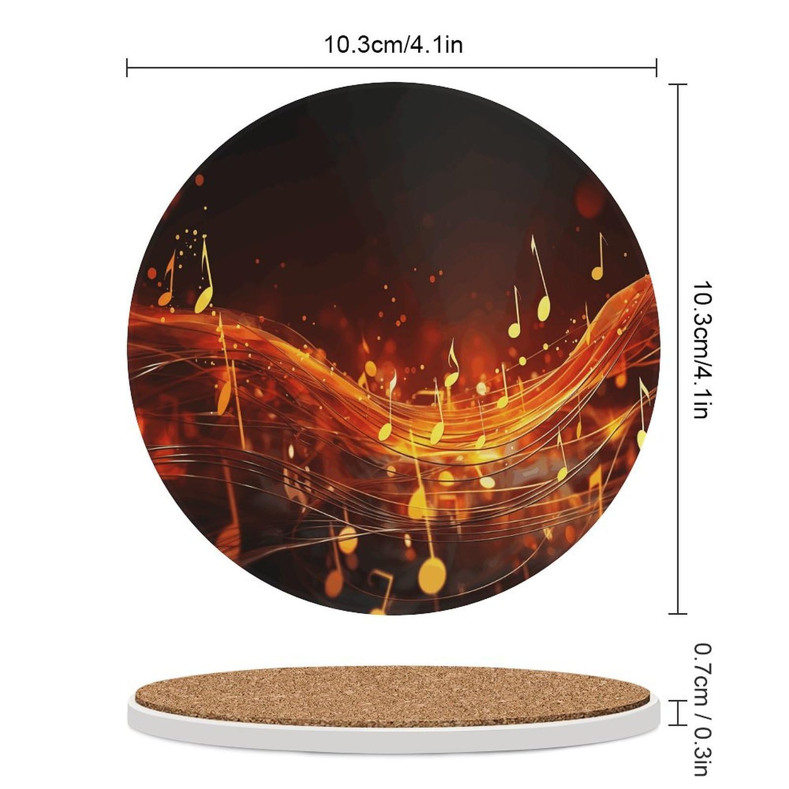 Red Flame Music Note podstawki pod napoje z uchwytem na stolik kawowy, ceramiczna podstawka z podstawą korkową, ceramiczna podstawka do mrożonych zimnych lub gorących napojów, 10 cm