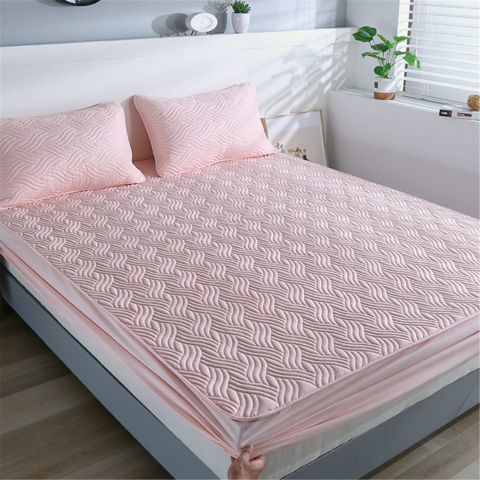 Protector Colchón, Protector de colchón Acolchado con Triple Relleno, Funda Colchon de Rizo Transpirable y Hipoalergénico, Antiácaros (Rosa - A,Thin 100x200cm)
