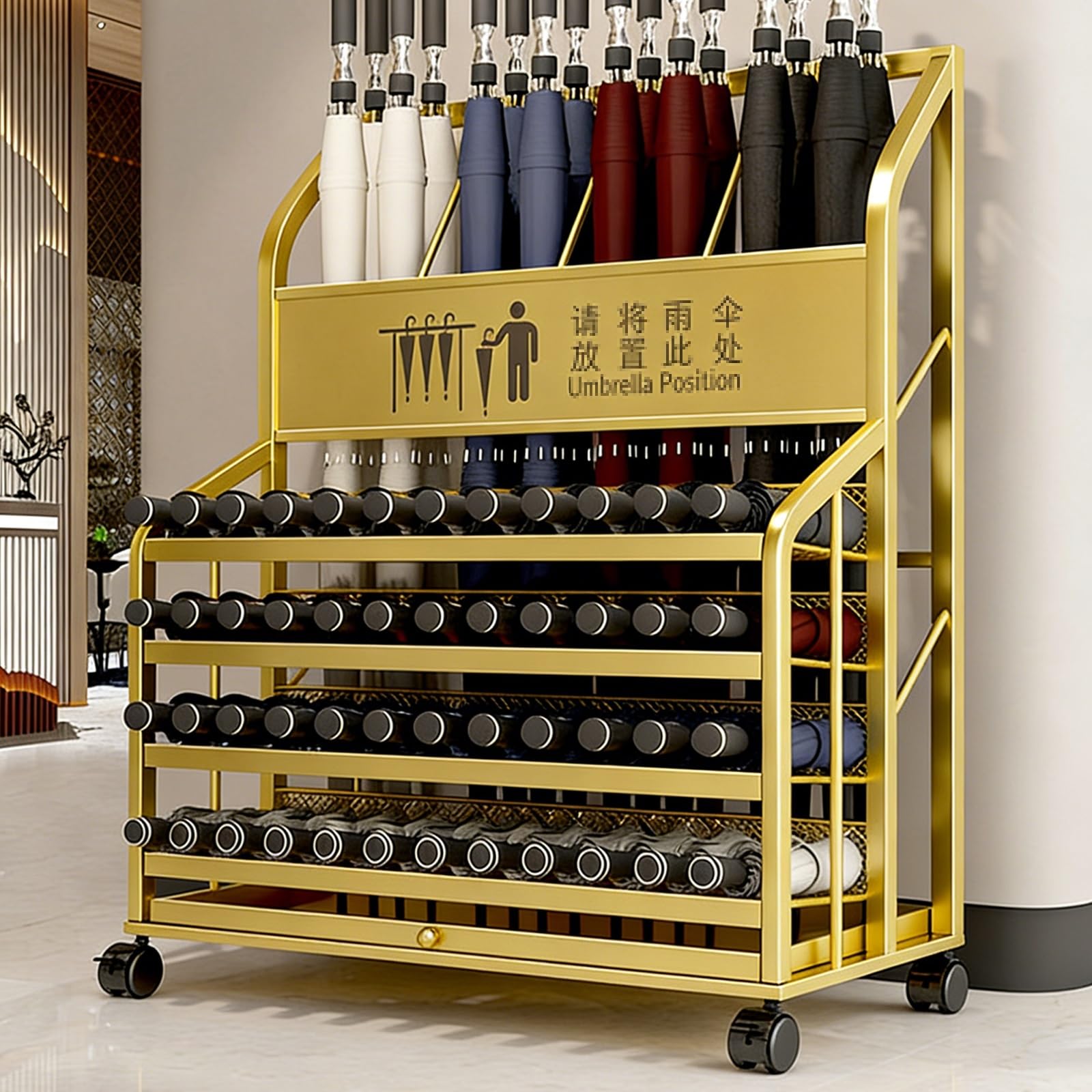 BHFPFZA Commercial Metal Umbrella Stand with Drainage Tray, Rolling Umbrella Rack with Wheels for Apartments, Hotels, Entryways (Gold, 60x32x70cm)