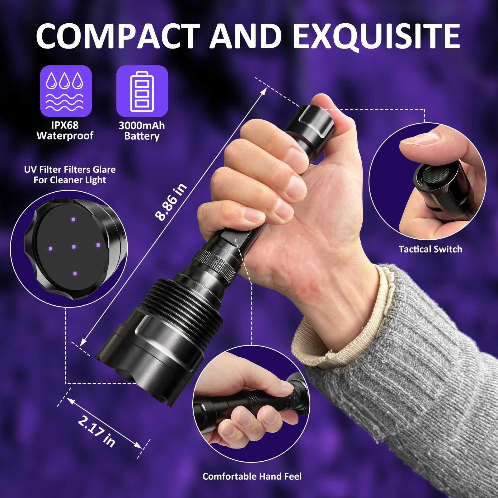SAOPRKLER - Linterna UV de luz negra UV5 de 365 nm para todas las detecciones UV | Alta potencia, largo alcance, definición mejorada ultravioleta, haz de grado profesional, alto profesional, grado comercial