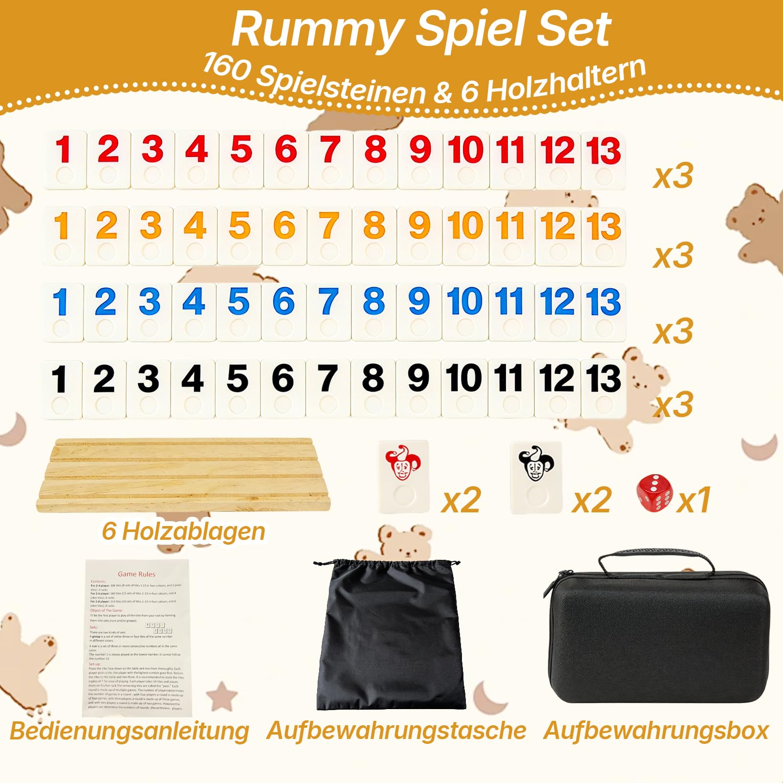 Rummy Spiel Set für 2–6 Spieler mit 160 Steinen, 6 Holzhalter, Würfel & Aufbewahrungsbox – Klassisches Brettspiel, Familienspiel & Reisespiel für Kinder und Erwachsene
