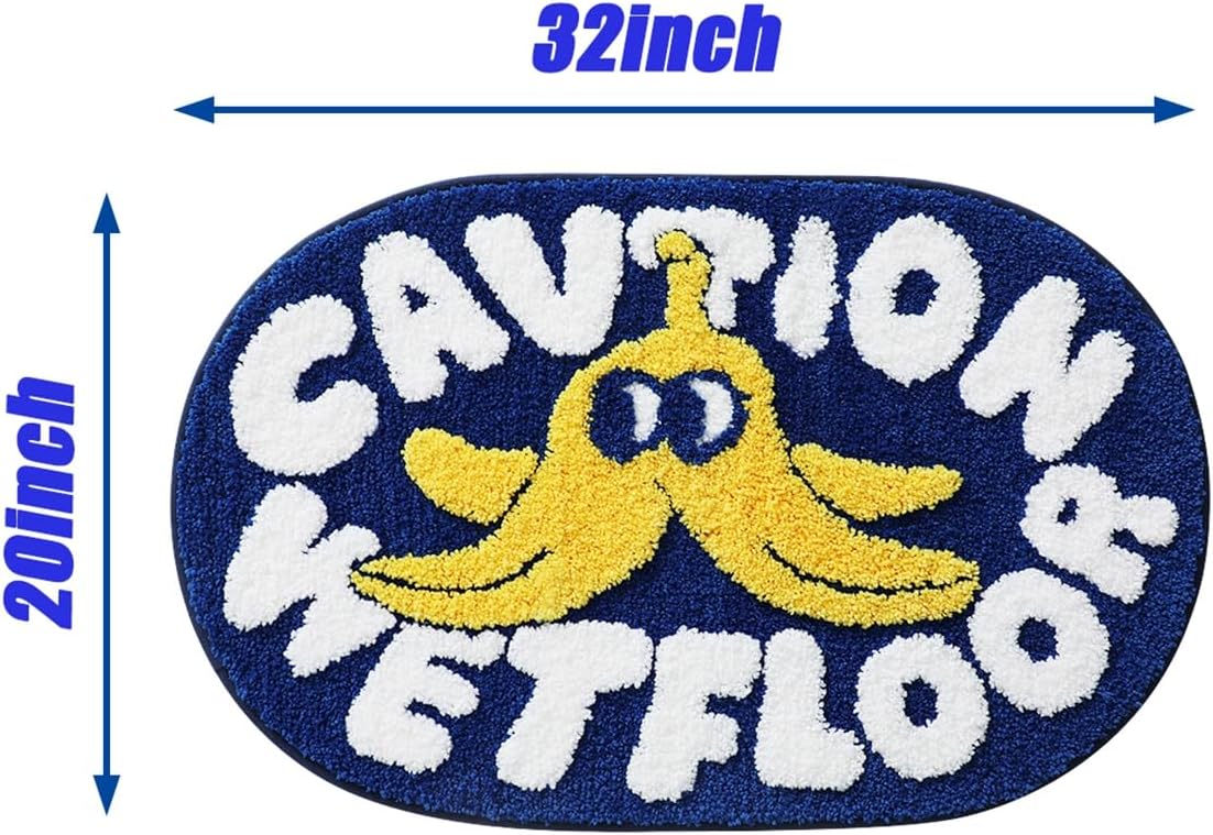 Funny Banana Bath Mats for Bathroom,Soft Fluffy Blue Bathroom Rugs for Bedroom Doormat Decor Non-Slip Washable Cute Cartoon Shower Door Mat Thick Plush Water Absorbent Oval Bath Rug 20" x 32"