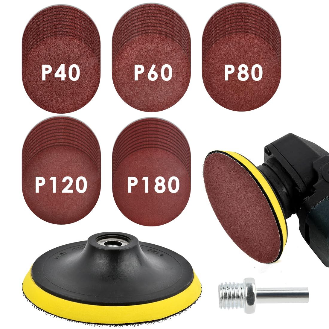 50Pcs 125mm Sanding Discs with Hook and Loop Backing Pad M10 Threads, Angle Grinder Drill Sanding Attachment Sander, 40/60/80/120/180 Grits Sanding Pads for Wood Metal Car Polishing