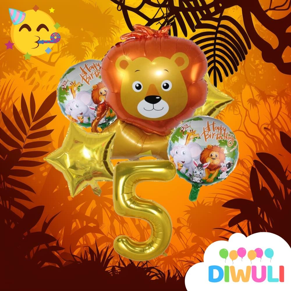DIWULI Lion Balloon Set - Number 5 Balloon Set Gold Happy Birthday, Safari Balloons Decorations, Sweet Jungle Animal Balloons Zoo Wild Theme Boy Girl, Birthday Party Supplies Globo Cumpleaños