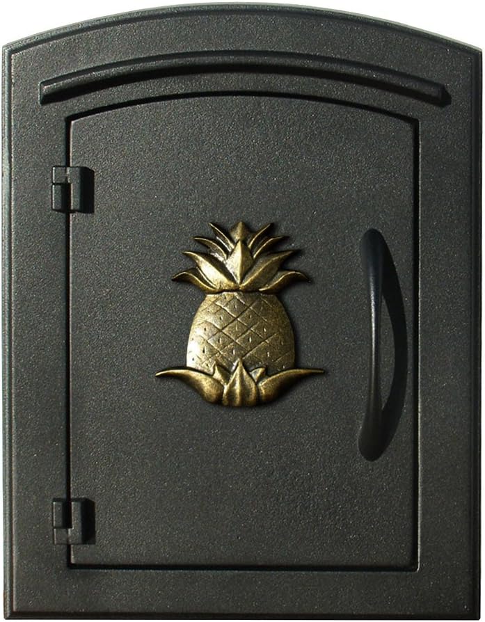 Qualarc MAN-S-1405-BL Black Manchester Security Drop Chute Mailbox with Decorative Pineapple Logo Faceplate in Bronze, 17.125" D x 11.25" W x 38" H