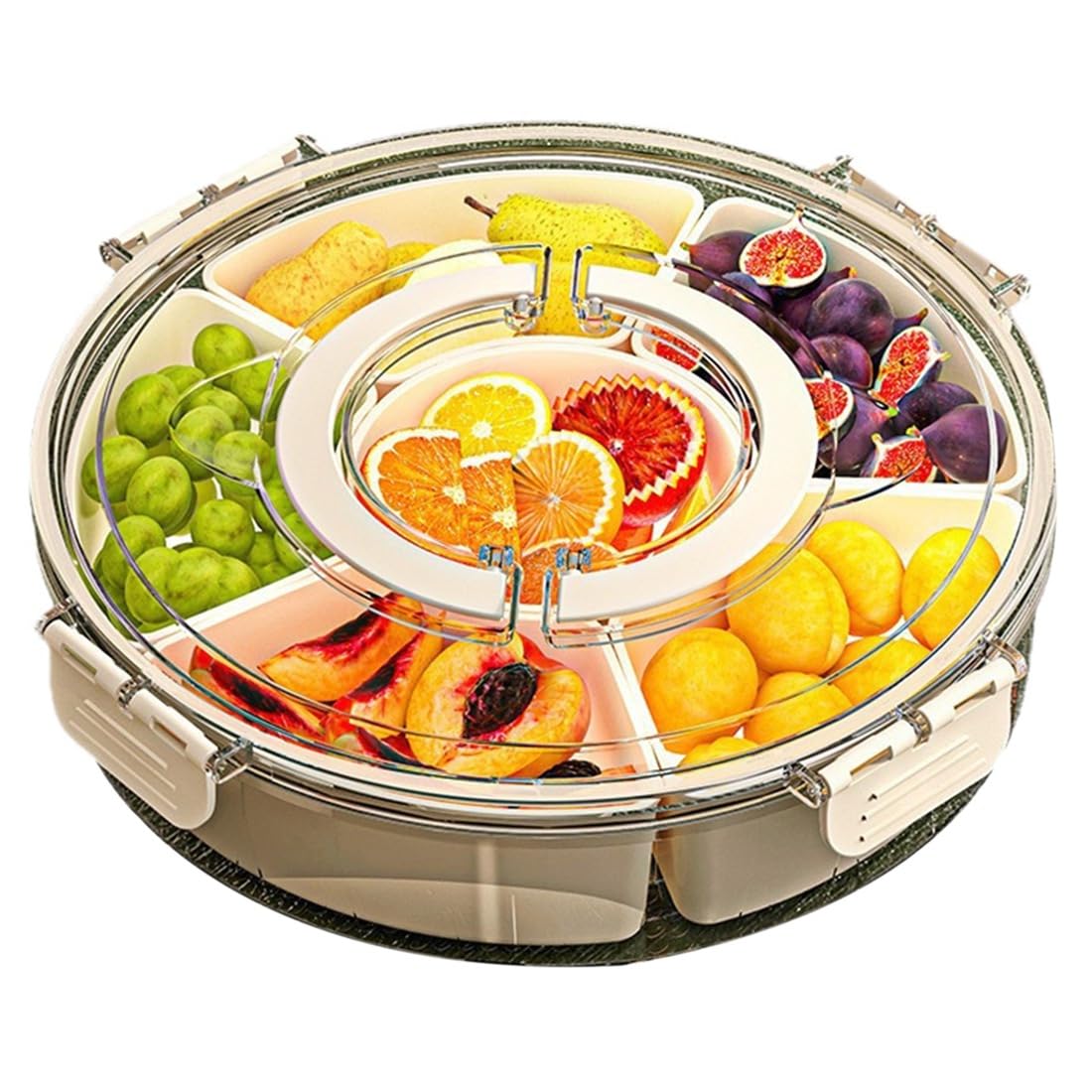 UDSKNV[KSL Round, Six-Compartment Refrigerator Storage Box, Rotatable Design, Picnic Fruit Storage Container, Kitchen Condiment Organizer