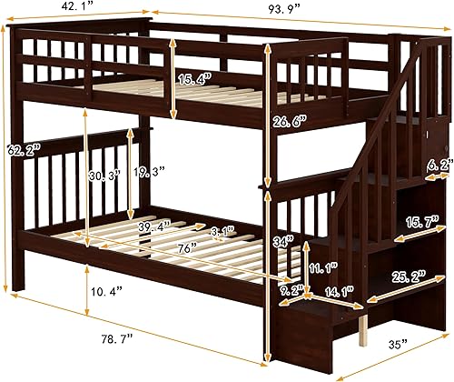 Miniatura 54 de Merax Litera de escalera individual sobre matrimonial con nido, escalera de almacenamiento y barandilla de longitud completa, litera de