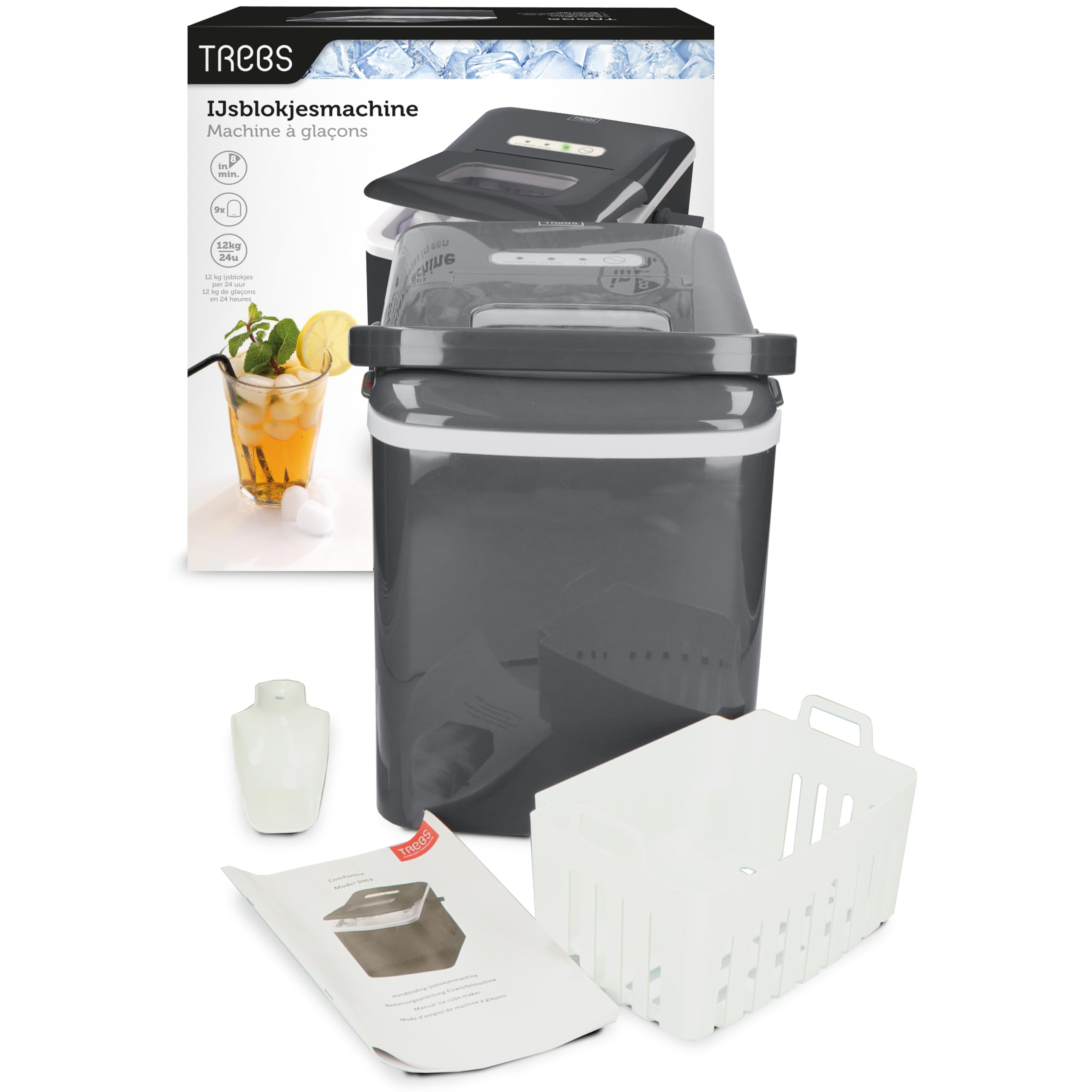 Trebs 99363 - Máquina para hacer cubitos de hielo, 12 kg en 24 horas, depósito de agua de 2 litros, 9 cubitos de hielo por ciclo, apagado automático, accesorios, color negro