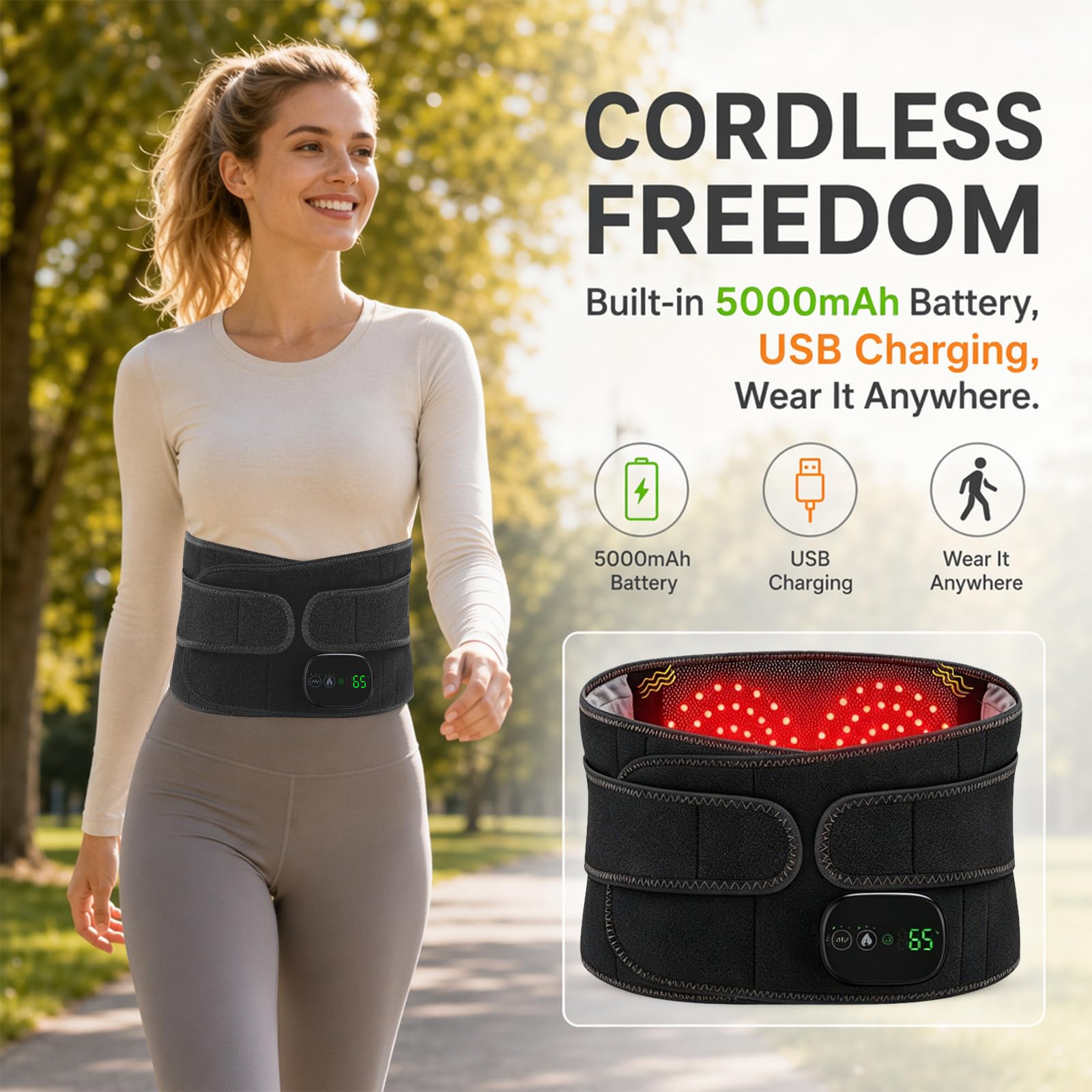 Cintura termica per la schiena, senza fili, con 3 livelli di calore e 3 livelli di vibrazione, batteria da 5000 mAh, touchscreen, scalda schiena, fascia massaggiante, cuscino riscaldante per alleviare