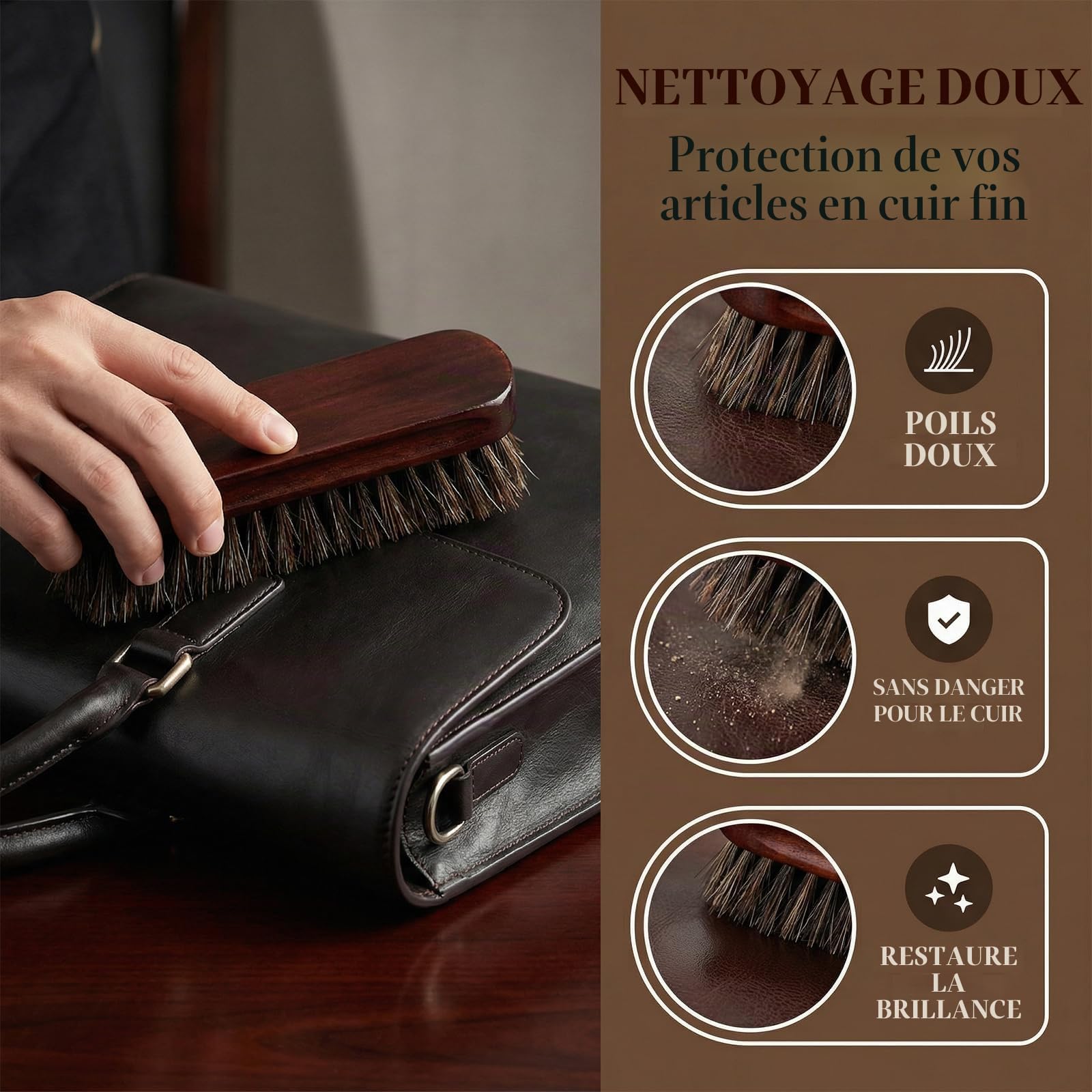Kit d'Entretien Chaussures 5 Pièces avec Sac de Rangement - Crin de Cheval et Microfibre pour Cuir Lisse et Daim - Brosse à Lustrer et Brosse à Daim - Nettoyage Sans Rayures
