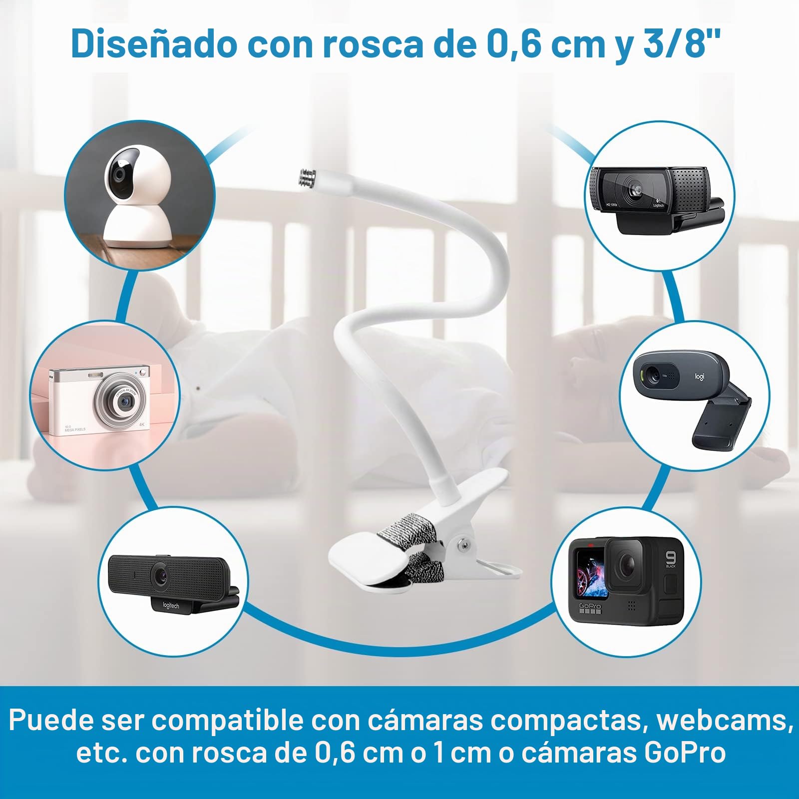 Hossom Soporte Flexible para Cámara y Webcam con Conexión Roscada 1/4", 2 Adaptadores 3/8" - para Logitech C925e C922x C922 C930e C930 C920 C615, GoPro Hero10/9/8/7/6/5, Hero MAX (Blanco, 40cm)